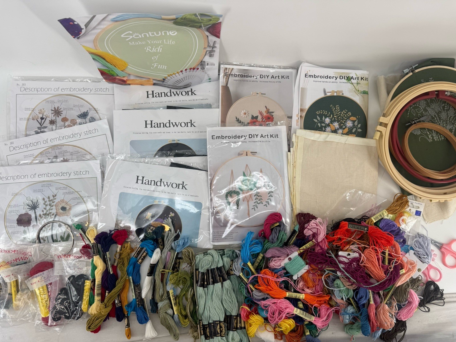 Embroidery Lot 9 Kits DMC Floss Hoops Linen Mushroom Floral Stitch Sampler