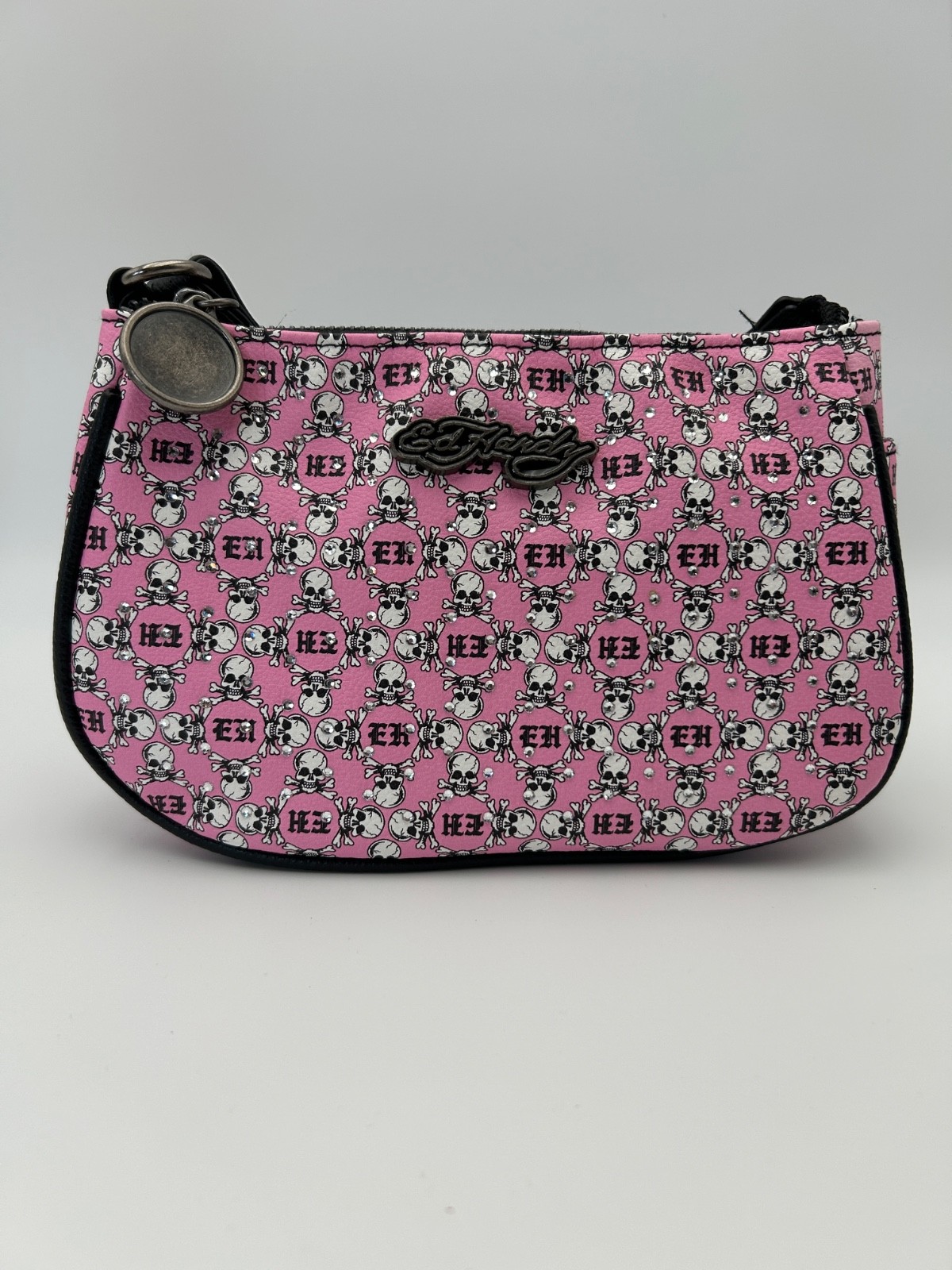 Ed Hardy Pink Skull Monogram Jacquard Shoulder Bag Studded Baguette Purse NWT