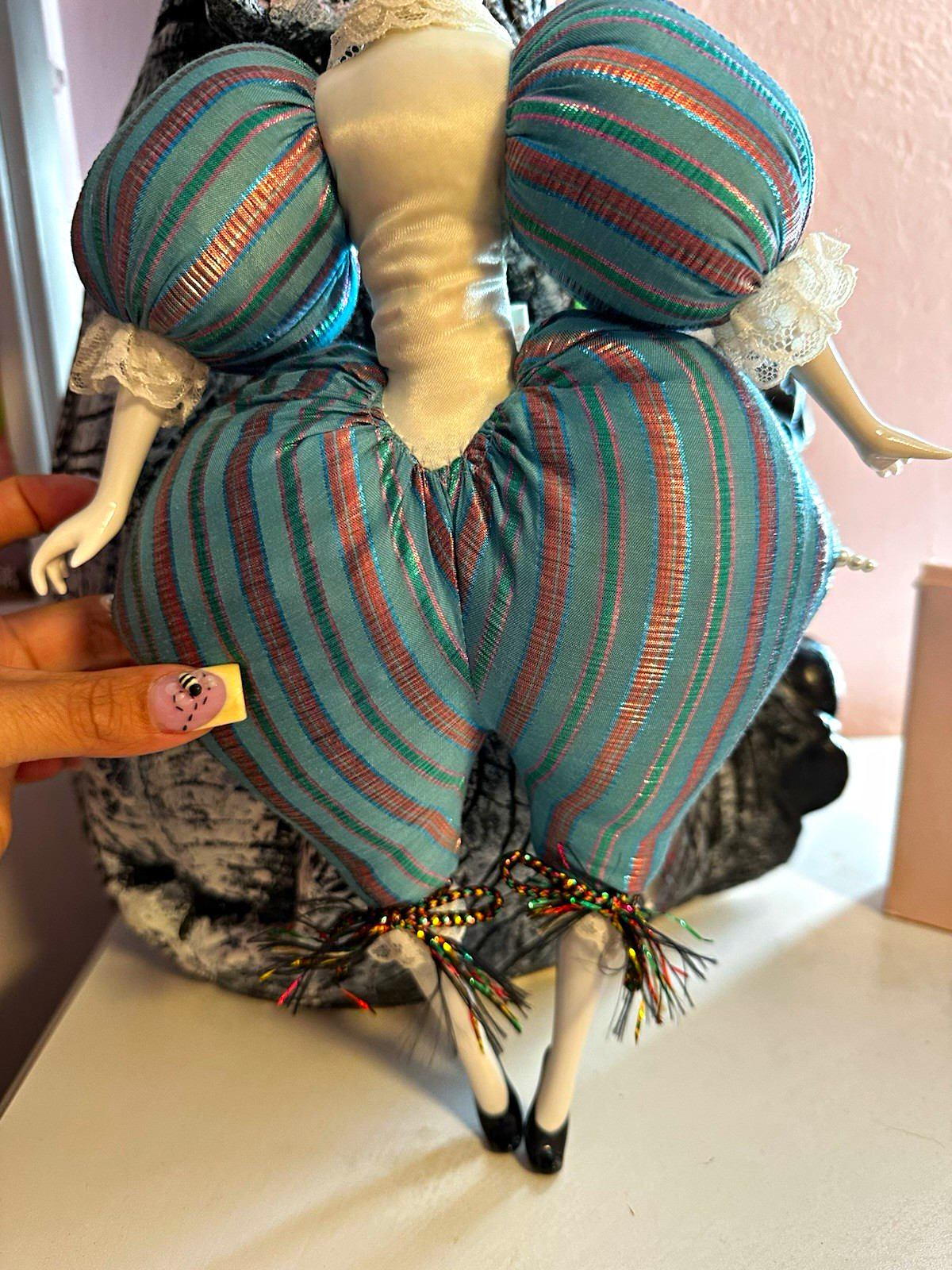 Vintage Porcelain Boudoir Doll Butterfly Style Striped Dress Lace Cloth Body Vintage Porcelain Boudoir Doll Butterfly Style Striped Dress Lace Cloth Body