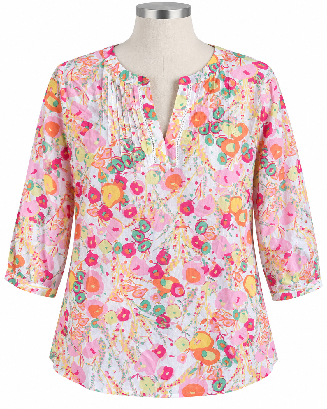 Talbots Women\'s LARGE Floral 100% Cotton Tunic Top 3/4 Sleeve V-Neck Pleated NEW Talbots Women\'s LARGE Floral 100% Cotton Tunic Top 3/4 Sleeve V-Neck Pleated NEW