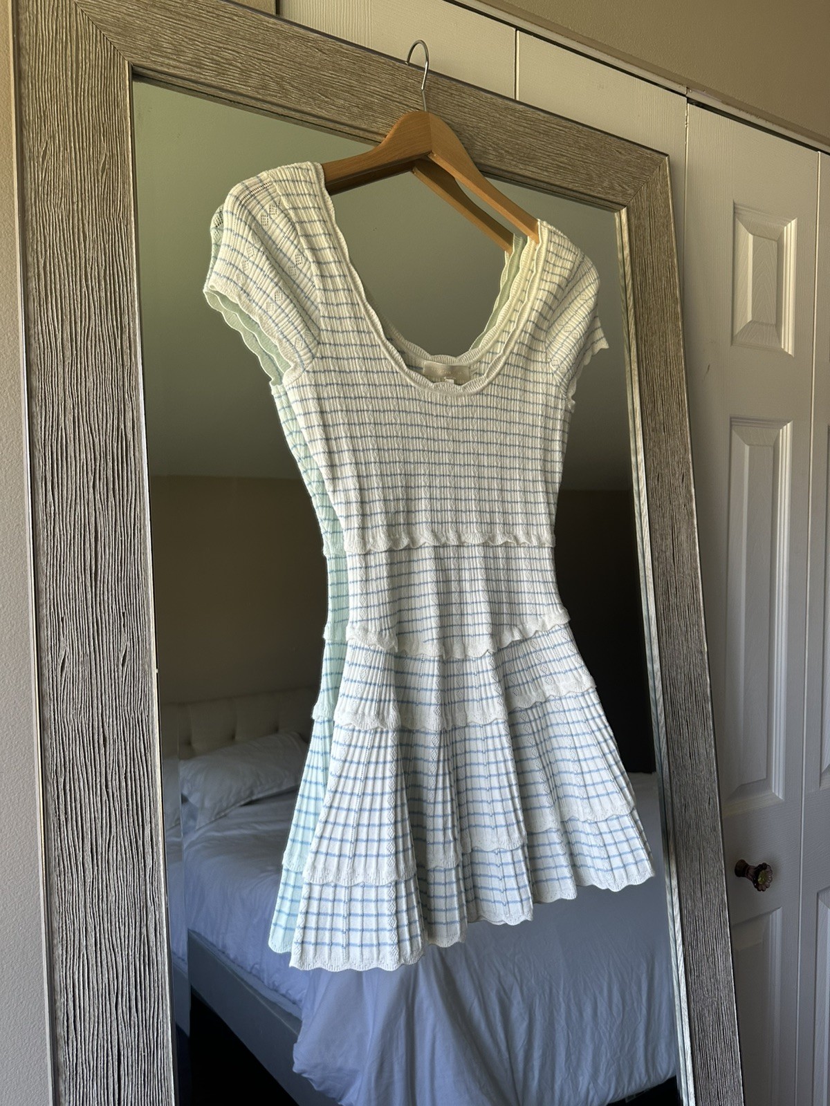 LoveShackFancy Elisavette White Blue Stripe Ruffle Stretch Mini Dress XXS NWT LoveShackFancy Elisavette White Blue Stripe Ruffle Stretch Mini Dress XXS NWT
