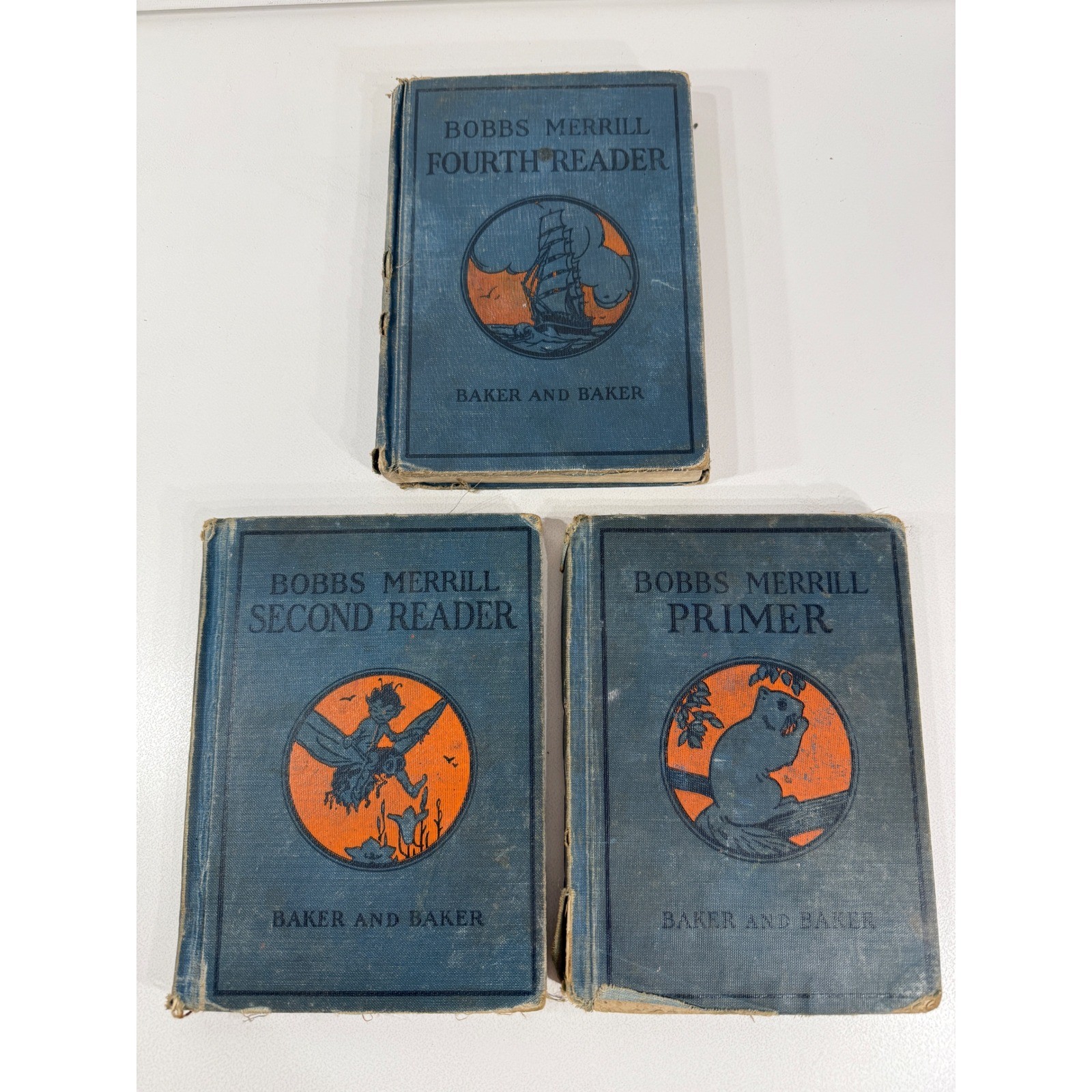 Vintage 1920s Bobbs-Merrill Readers Set Primer Second Fourth Baker School Books