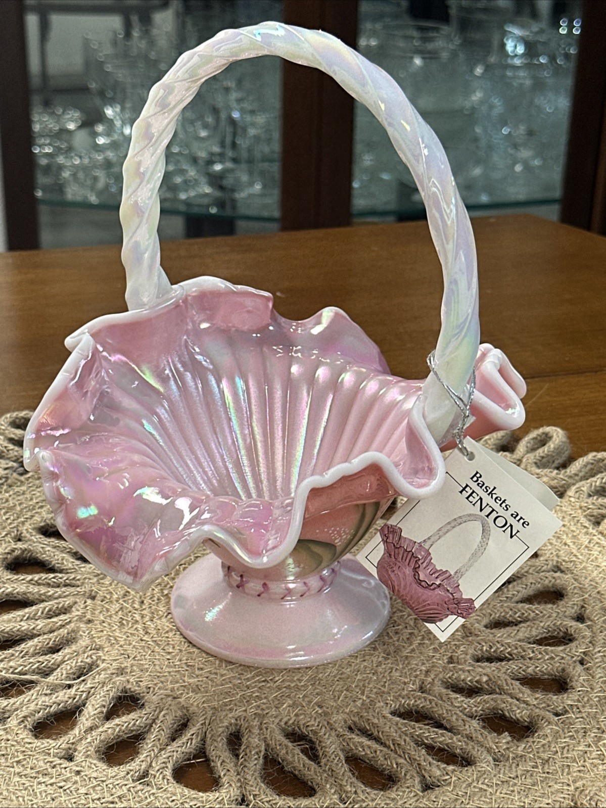 Fenton Rosalene Iridescent Basket 95th Anniversary Hand Painted Signed Tag