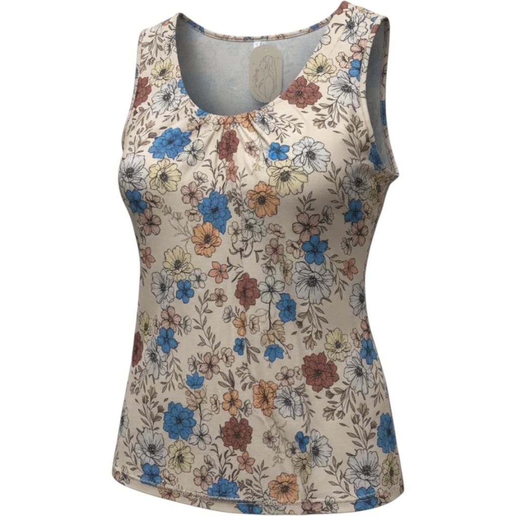 New Women Floral Sleeveless Pleated Scoop Neck Tank Top Cream Blue Orange L
