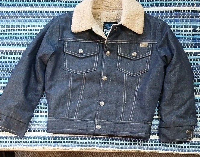 Vtg 70s Sears Toughskins Sherpa Lined Denim Trucker Jacket Dark Indigo Boys 6/8
