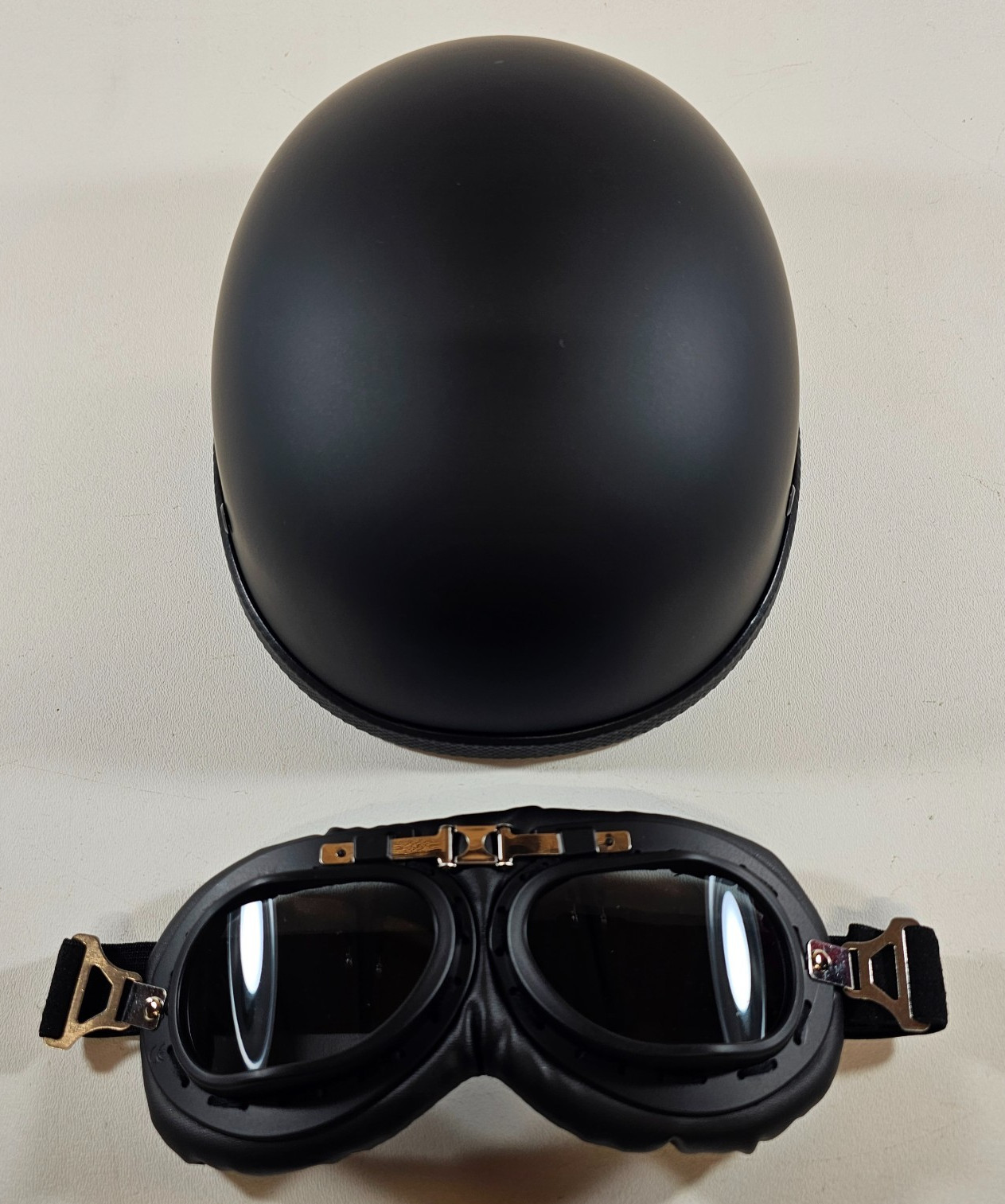 DOT Motorcycle Half Helmet Small Black German Style w/ Goggles Open Box