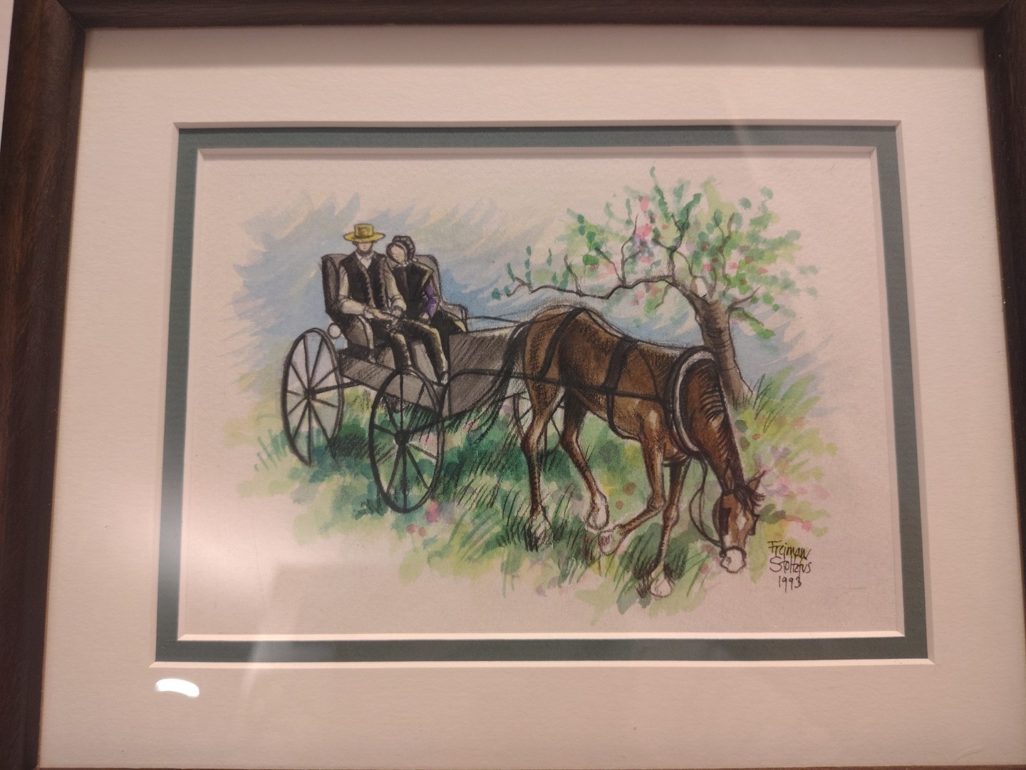 1993 Watercolor Painting ~ Wagon w/Horse & Amish/Menonite ~ Freiman Stoltzfus