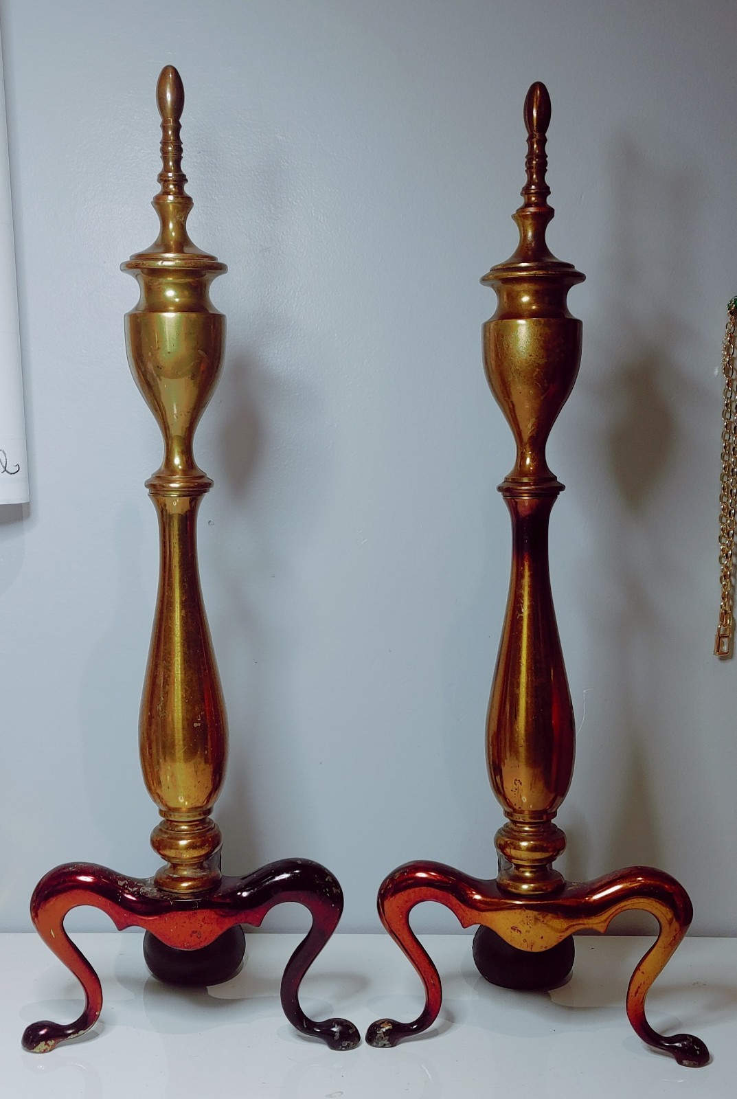Vintage/Antique Federal Style Brass Andirons With Ombre Patina