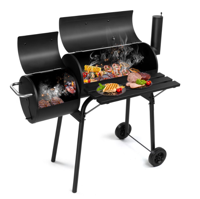 Outdoor Charcoal BBQ Grill with Offset Smoker, Iron, Patio & Backyard, Black Outdoor Charcoal BBQ Grill with Offset Smoker, Iron, Patio & Backyard, Black