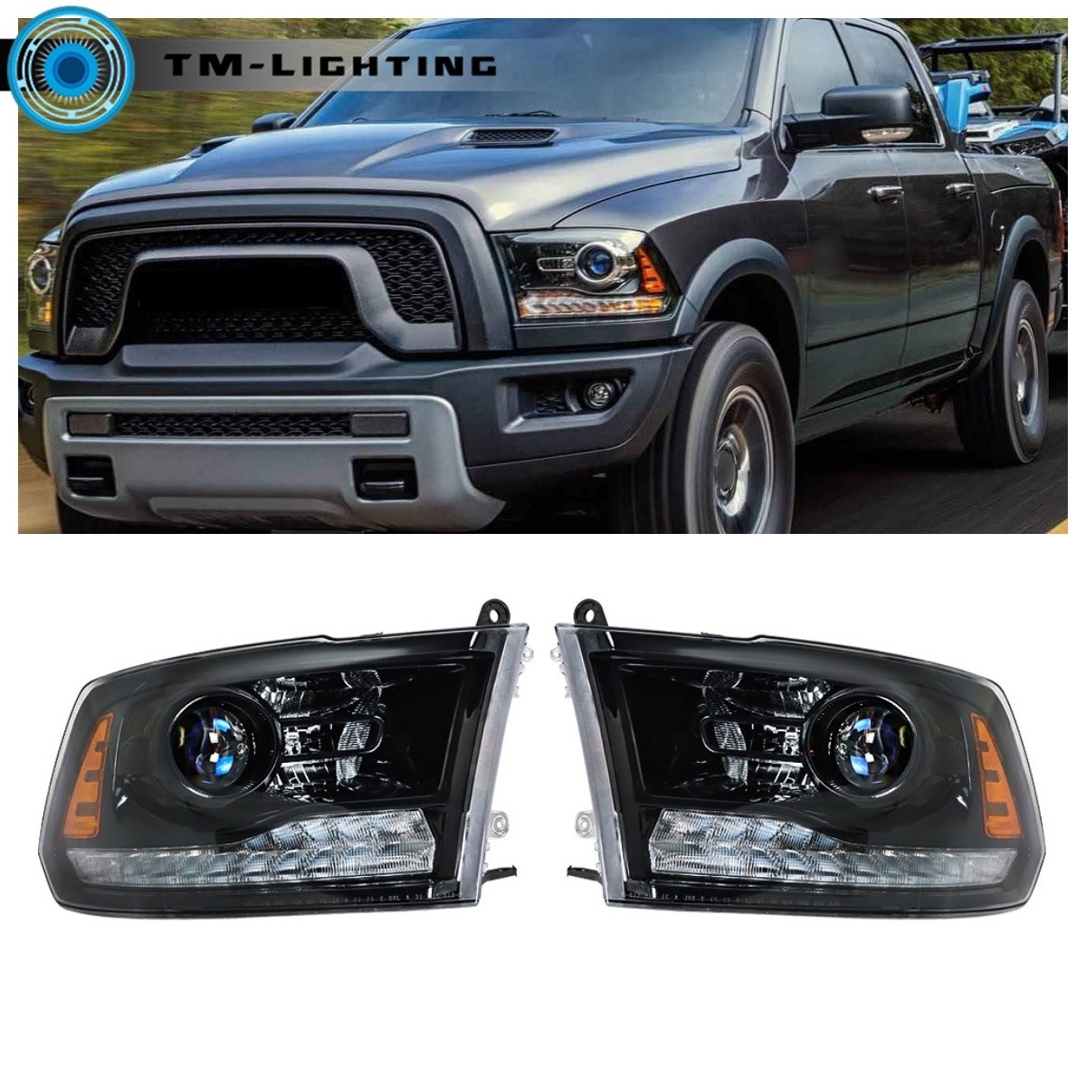 For 2009-2013 2014 2015 2016 2017 2018 Dodge Ram 1500-3500 Black Headlight w/DRL