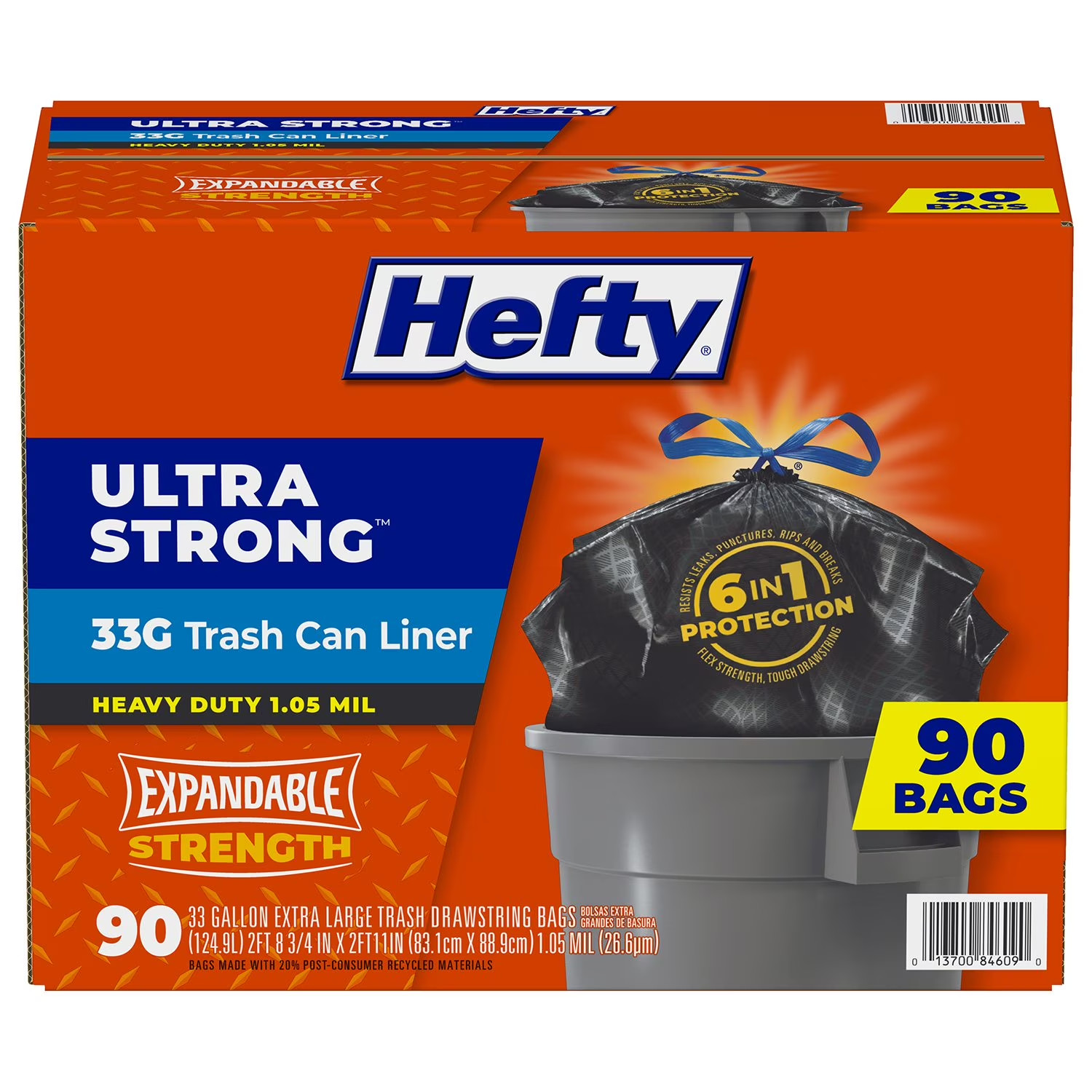 Hefty Ultra Strong Drawstring Trash Bags 33 Gallon Unscented 90 Count New