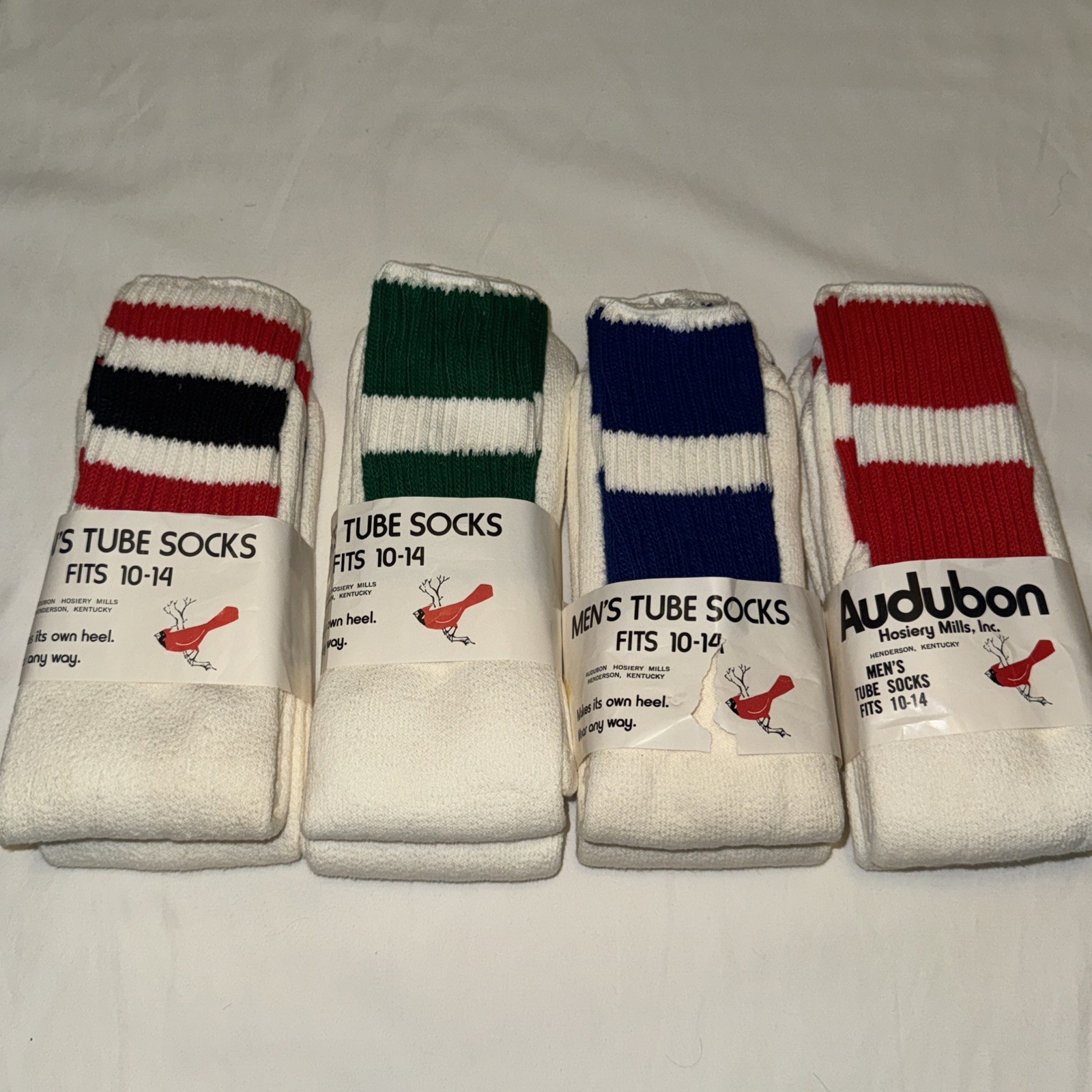 LOT Vtg Men’s Audubon 8 Pr Cushion TUBE SOCKS Mid Calf 10-14 Large White Stripe