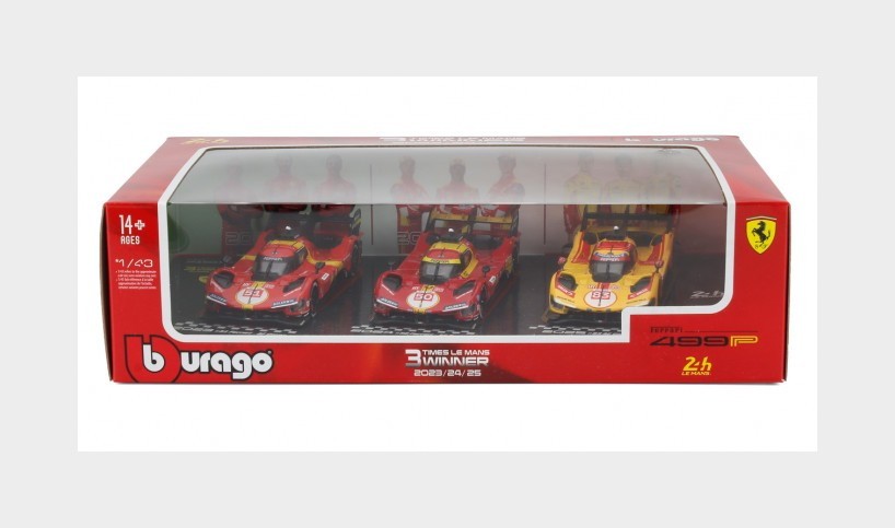 1:43 BURAGO Ferrari Set 3X 499P Win. Le Mans #83 2025 #50 2024 #51 2023 BU36324