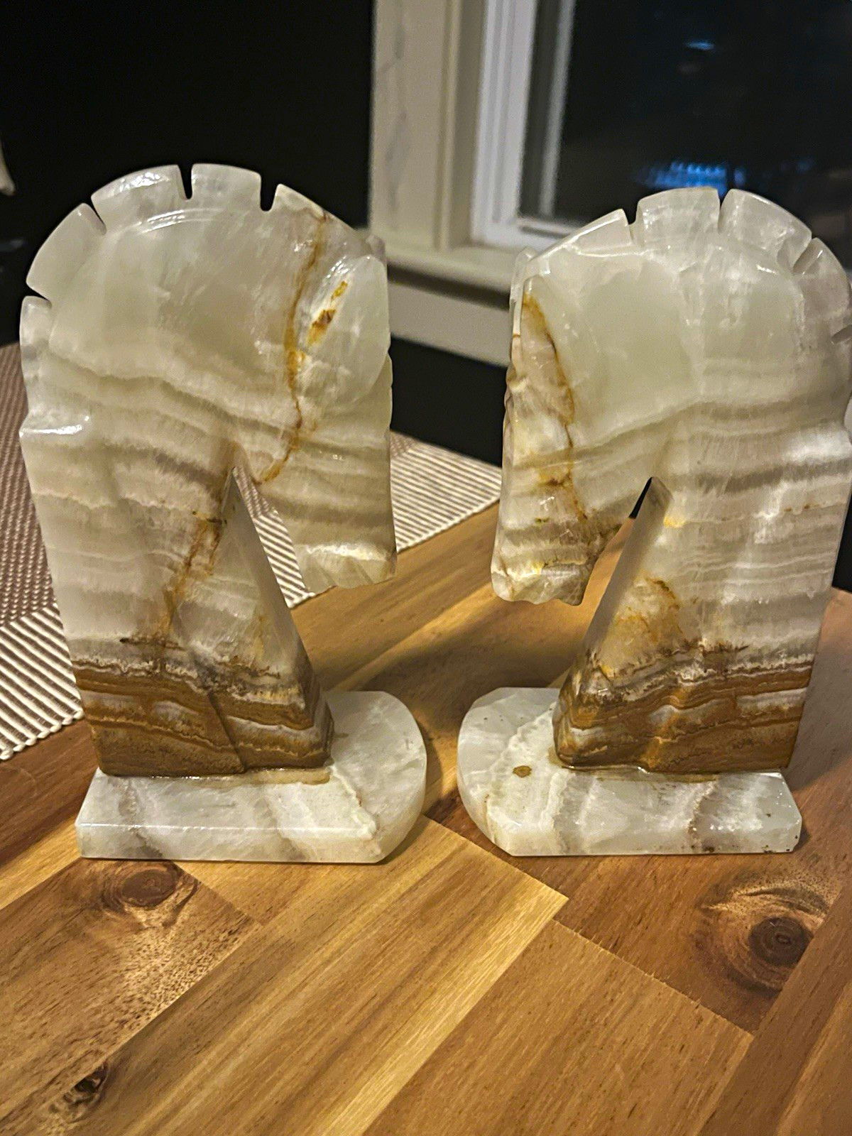 Vintage Mexican Onyx Horse Head Bookends Pair 7” Carved Stone MCM 1960s-70s
