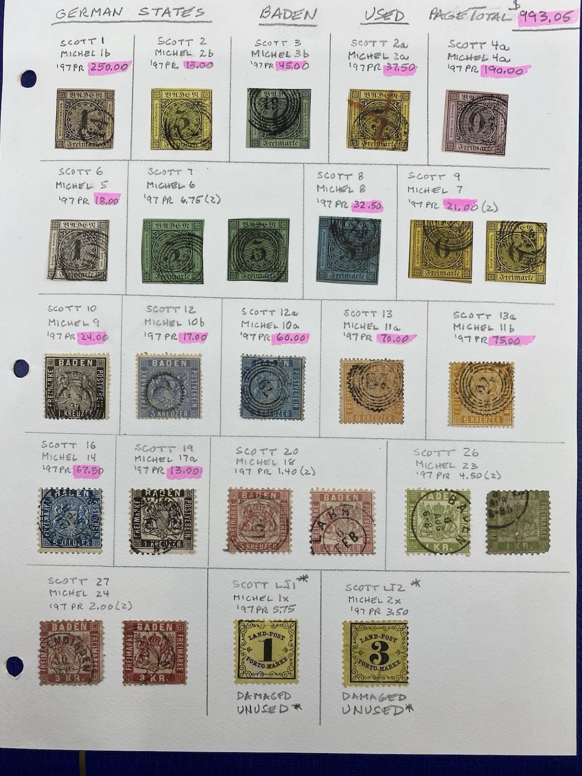 Germany States, Baden, Used - hinged on one album page, 1851-1868, High Value. Germany States, Baden, Used - hinged on one album page, 1851-1868, High Value.