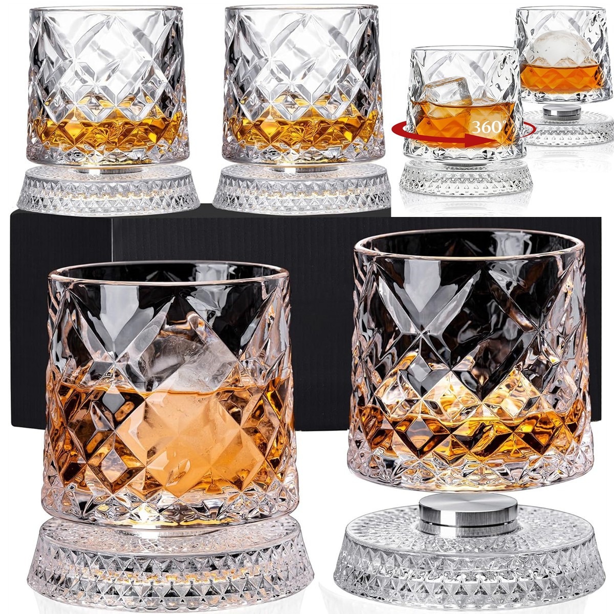 4PCS Set Spinning Whiskey Glasses Lead-free 360° Rotating 9oz For Father's Gift 4PCS Set Spinning Whiskey Glasses Lead-free 360° Rotating 9oz For Father's Gift