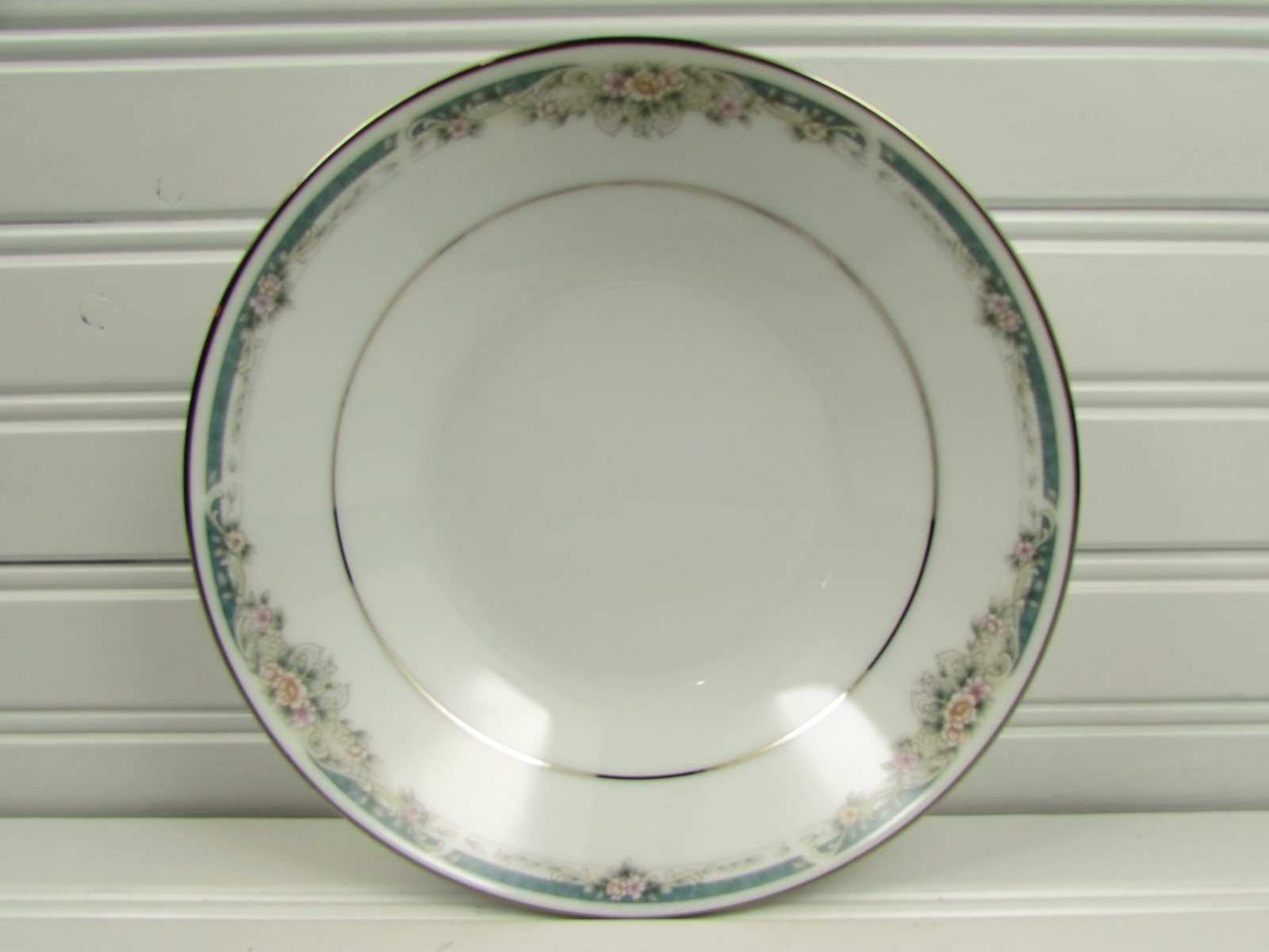Enhancement by Noritake Soup Bowl Green Band Pink Flowers Gray Scrolls b289