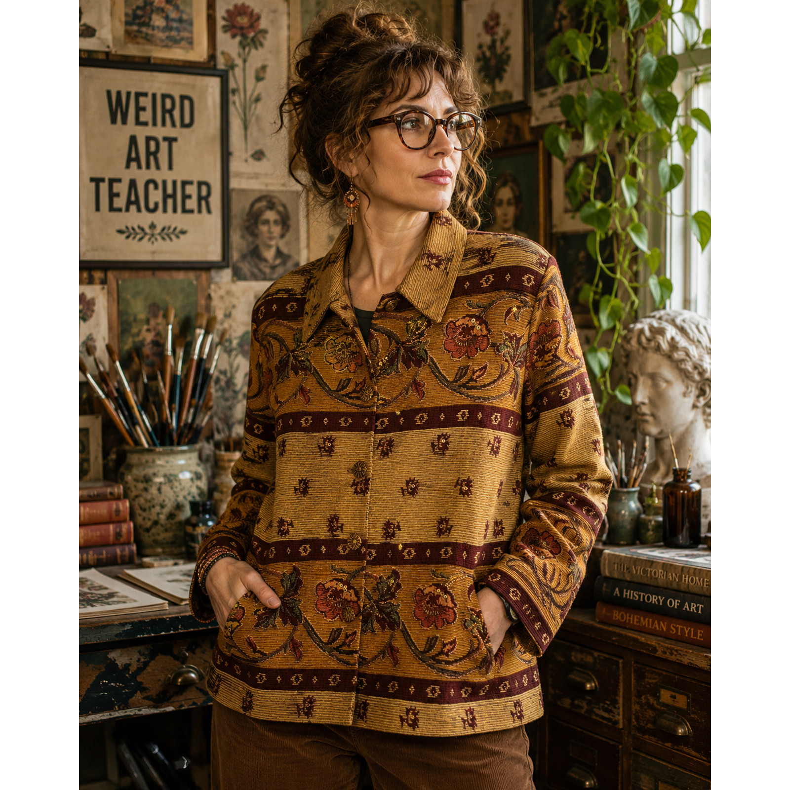 Vintage 1990s Tantrums M Brown Gold Tapestry Jacket Embroidered Beaded Pockets
