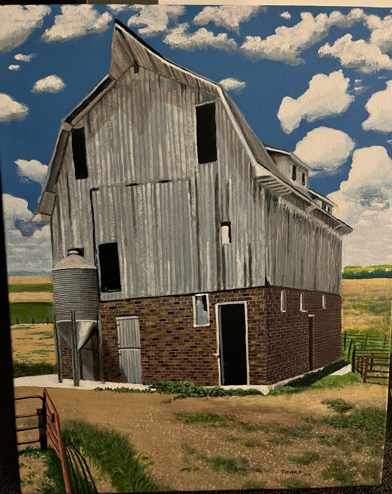 ORIGINAL PAINTING ON CANVAS BRICK 3 STORY  BARN IN MALCOLM IOWA, 16x 20in Large