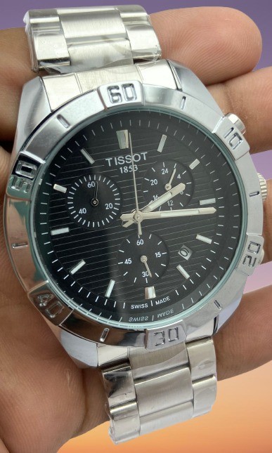 Luxury Silver-Tone Tissot Black Dial Chrono-Date Men's Working Quartz Wristwatch