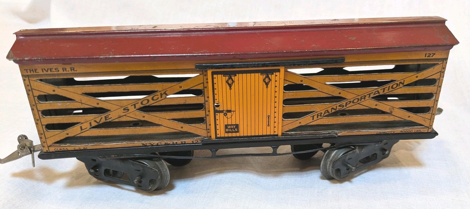 Vintage Ives O Gauge 127 Live Stock Freight Car Yellow Tinplate NYC&HR Ives