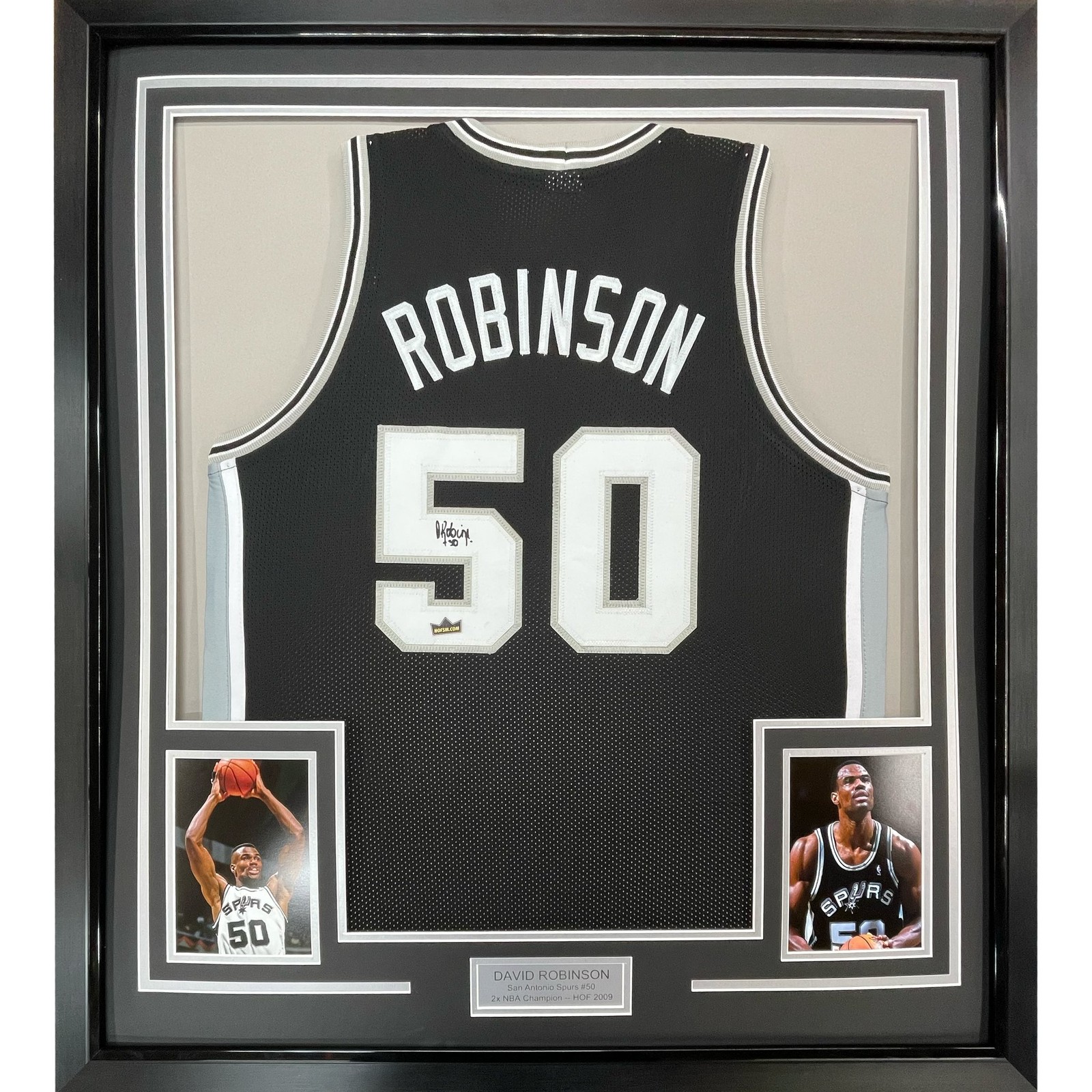 Framed Facsimile Autographed David Robinson 35x39 Black Reprint Jersey