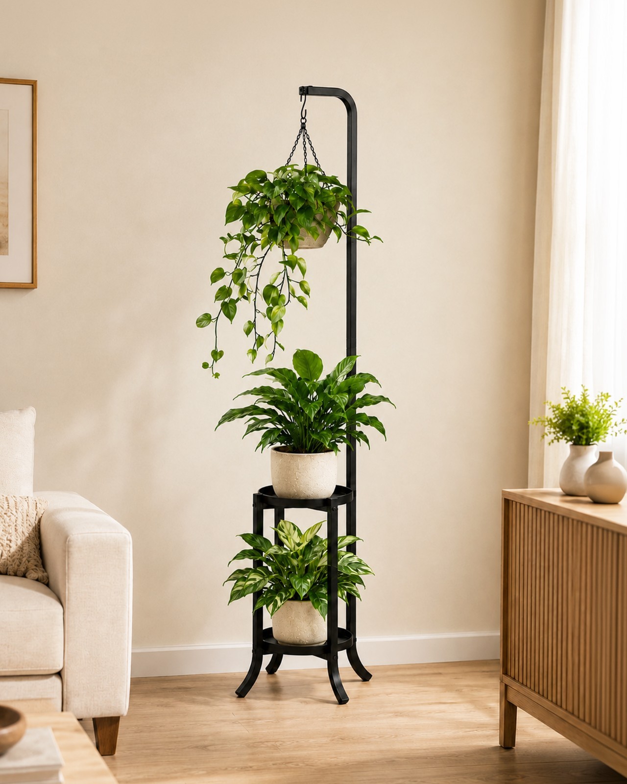 Bamworld Hanging Plant Stand Indoor Corner Tall Plant Shelf Outdoor Black