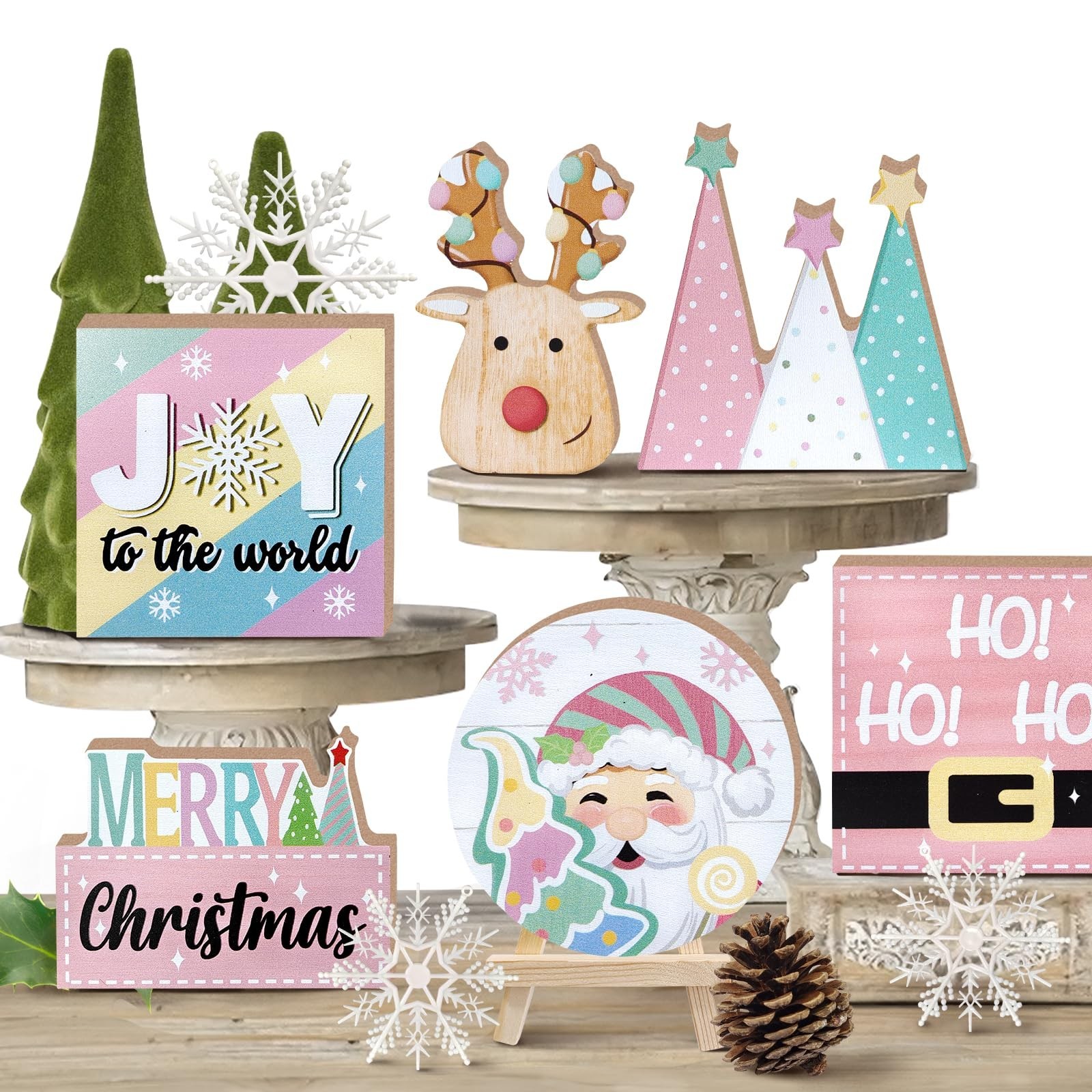 Merry Christmas Tiered Tray Decor, Pink Xmas Tree Santa Deer Tray Merry Christmas Tiered Tray Decor, Pink Xmas Tree Santa Deer Tray