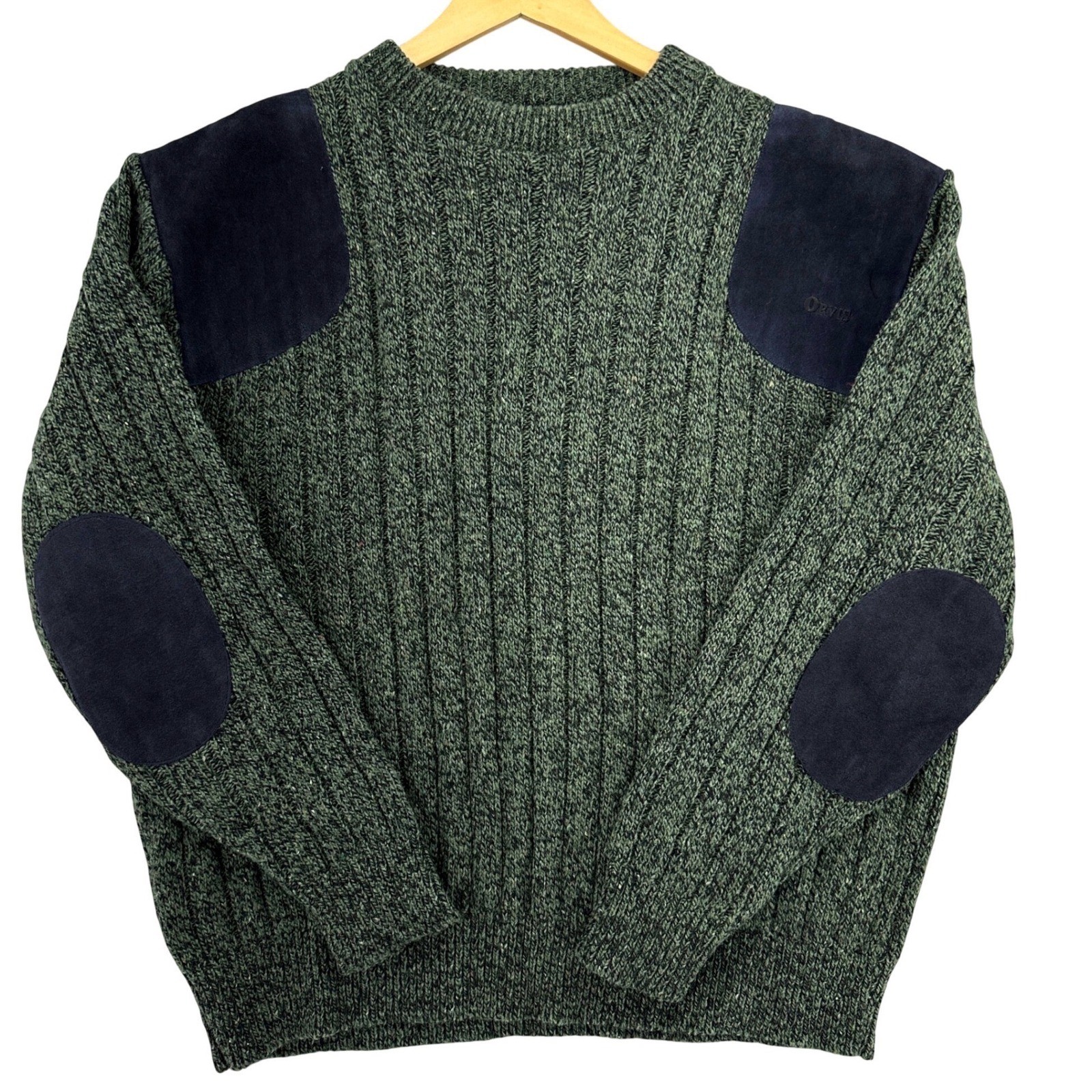 VTG Orvis Marled Green Wool Crewneck Sweater Shoulder Elbow Patch L 90s Hunting
