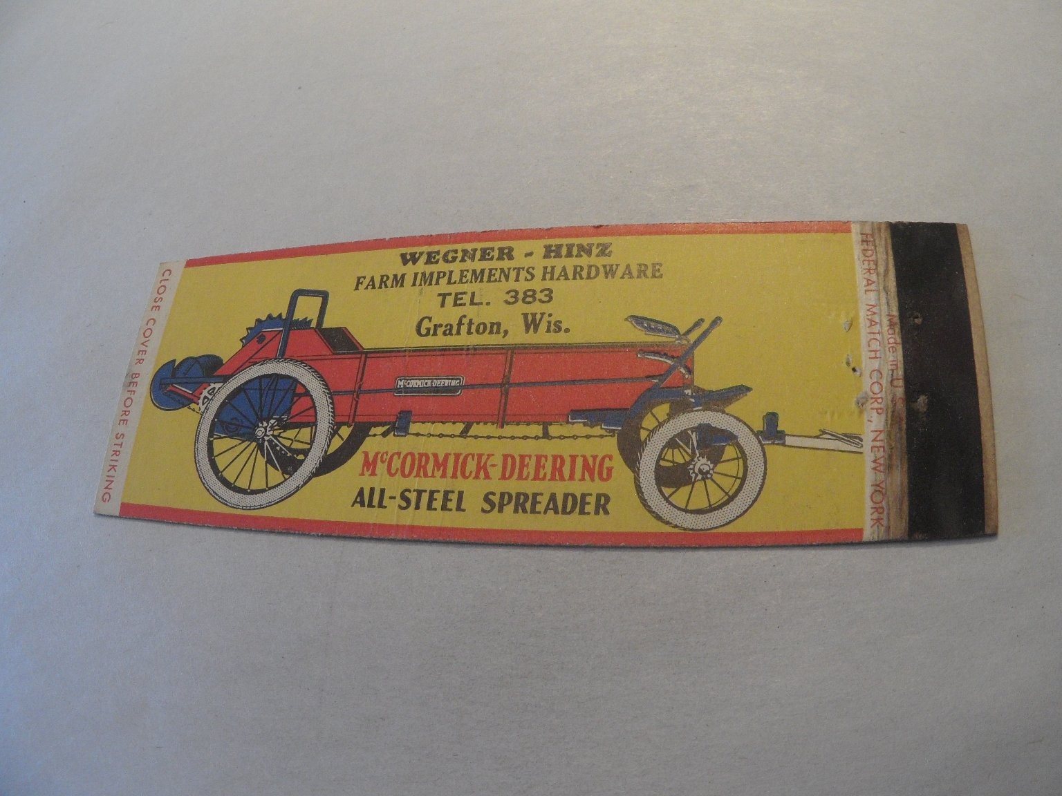 Wegner-Hinz Farm Implements Grafton Wis Vintage McCormick-Deering Matchbook Wegner-Hinz Farm Implements Grafton Wis Vintage McCormick-Deering Matchbook