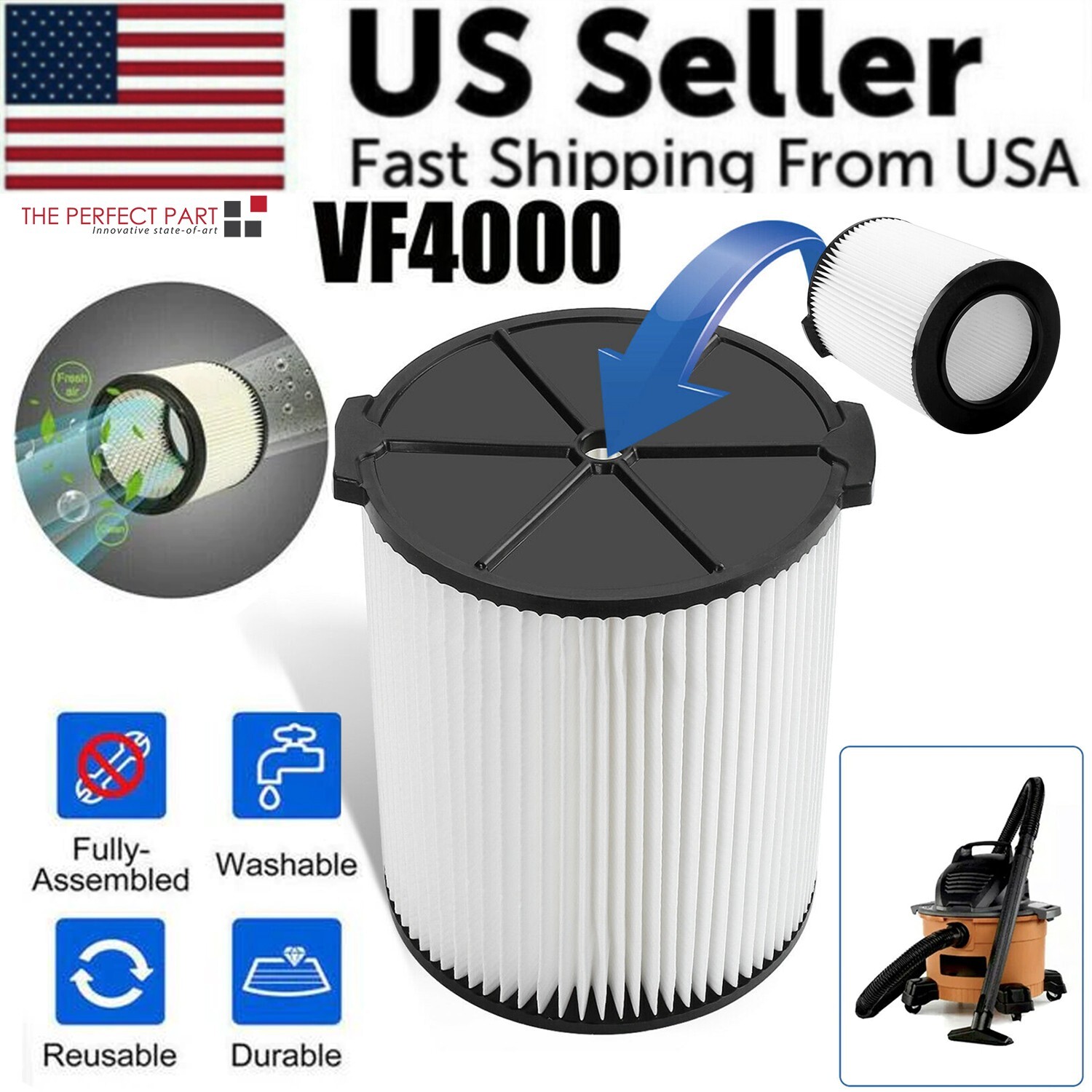 VF4000 Replacement RIDGID Wet/Dry Washable Vacuum Garage Shop Vac Pleated Filter VF4000 Replacement RIDGID Wet/Dry Washable Vacuum Garage Shop Vac Pleated Filter