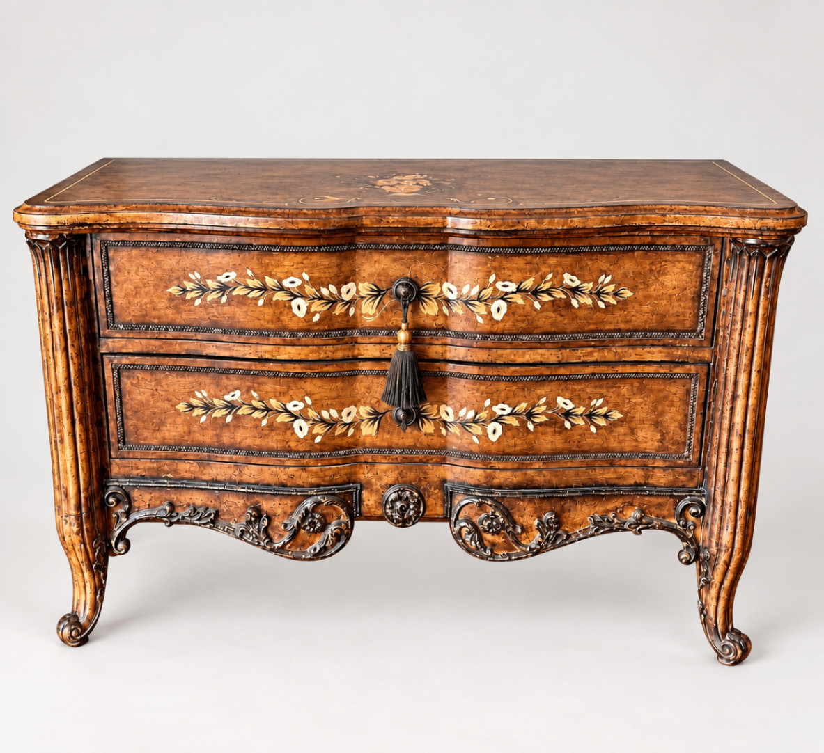Antique Rococo Style Bombe Chest Dresser Commode Floral Marquetry Inlay