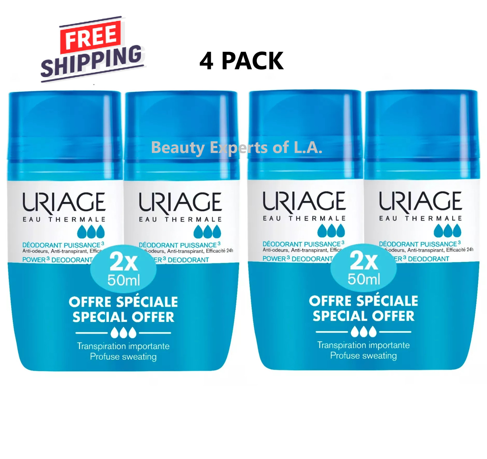 4 X Uriage Power 3 Anti-Odor Antiperspirant Roll On Deodorant 50mI Exp 11/2028