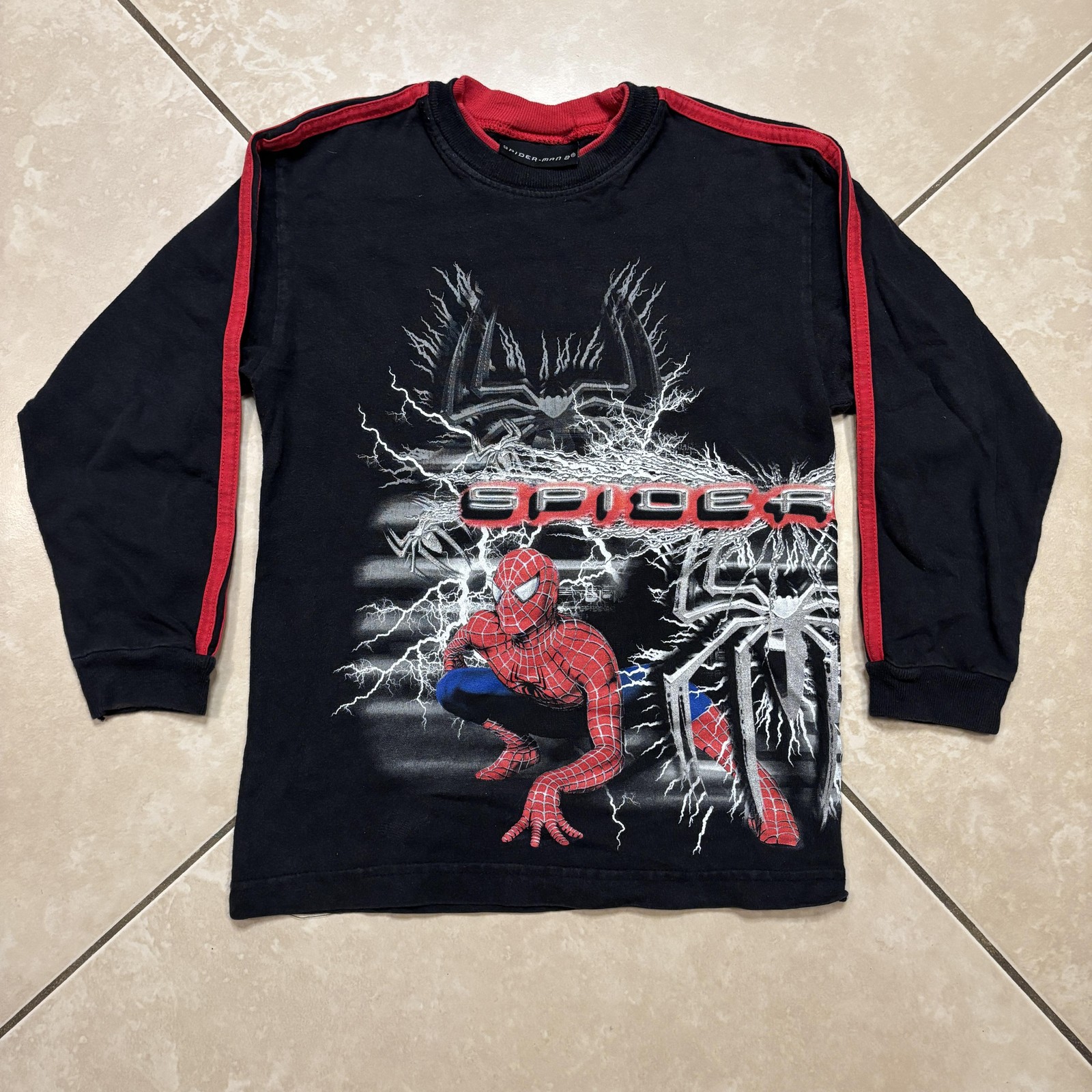 Vintage 2004 Spider-Man 2 Movie Shirt Boys 8-10 Black Long Sleeve VTG Lightning