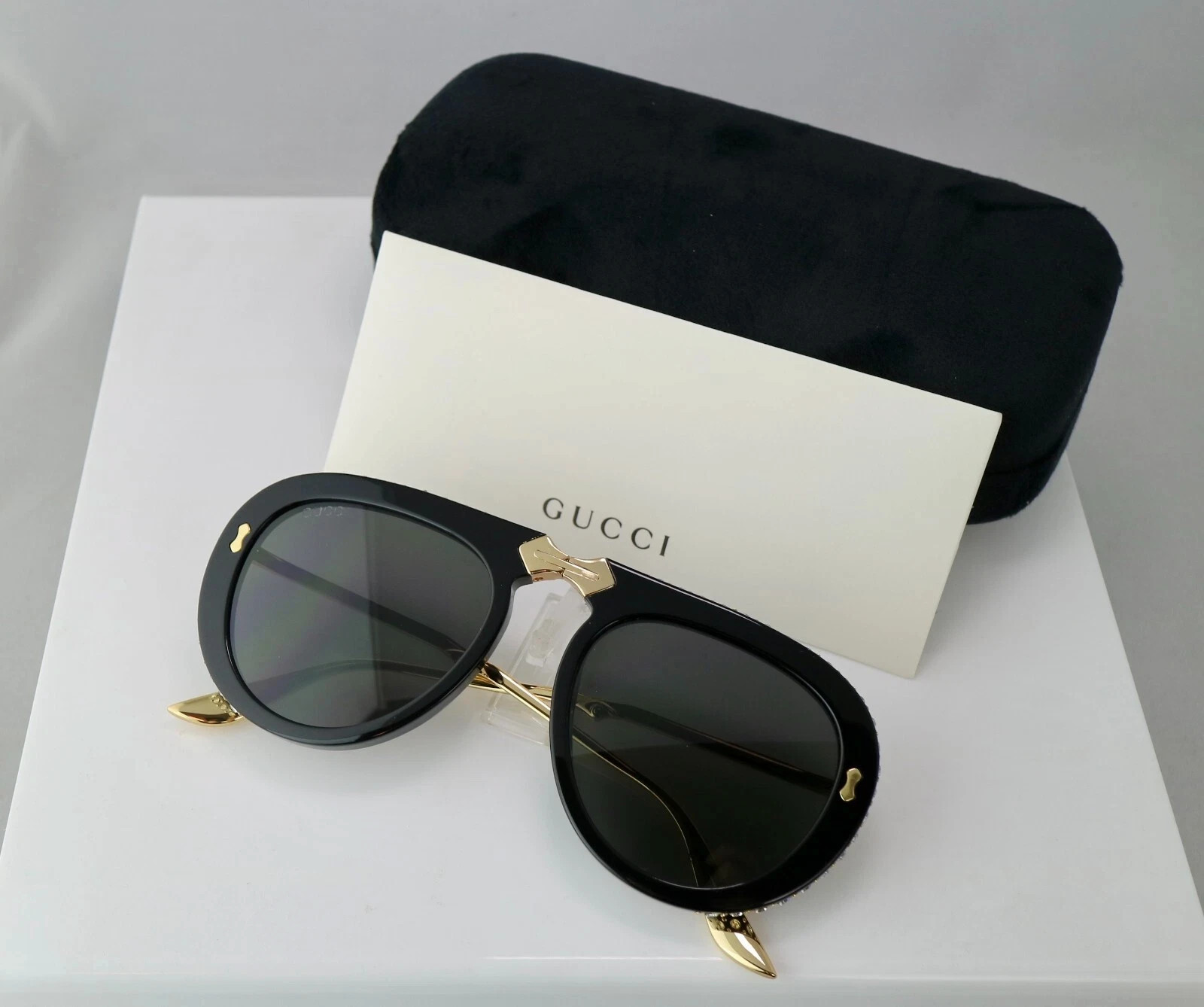 Gucci GG0307S 56mm Foldable Aviator Sunglasses with Grey Lens Gold Arms Crystals Gucci GG0307S 56mm Foldable Aviator Sunglasses with Grey Lens Gold Arms Crystals