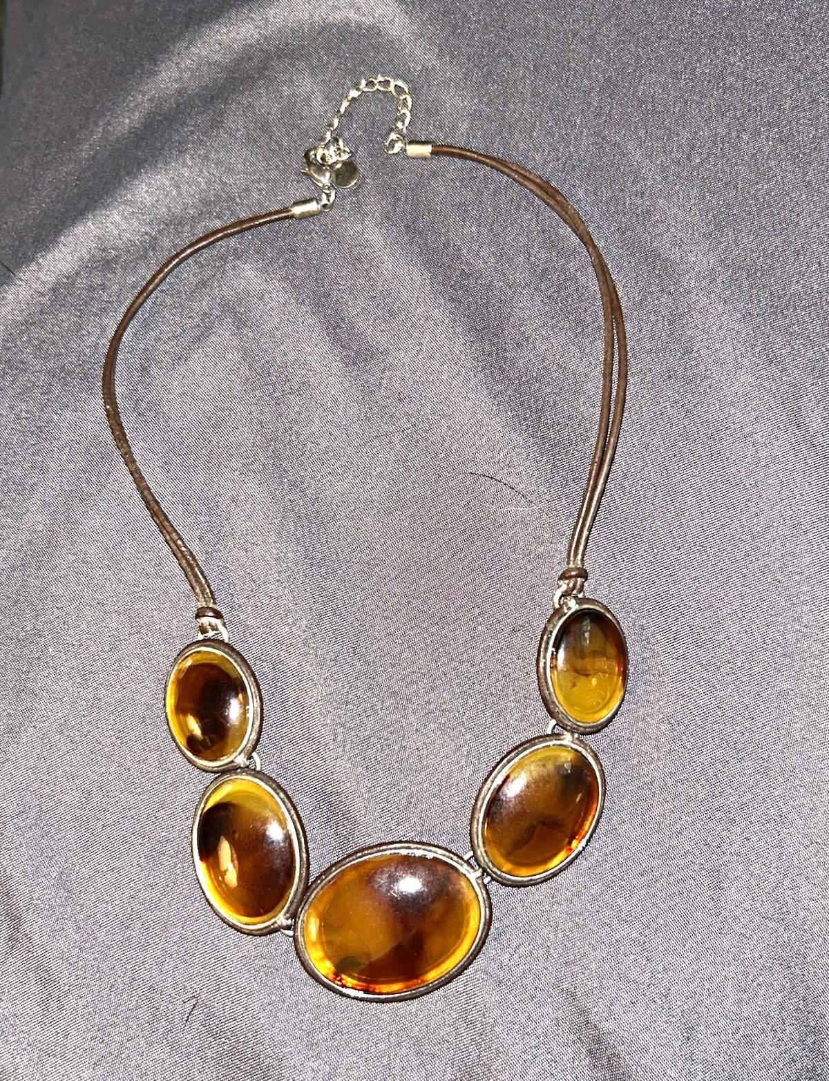 Chico\'s Faux Amber Resin Statement Necklace Oval Cabochon Brown Cord Signed X 5
