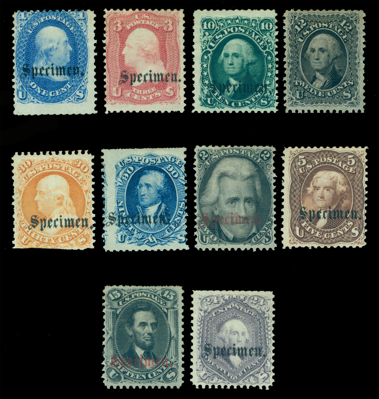 US 1861/66  SPECIMEN  overprinted set  (Type b) Scott # 63S-78S  UNUSED - Scarce