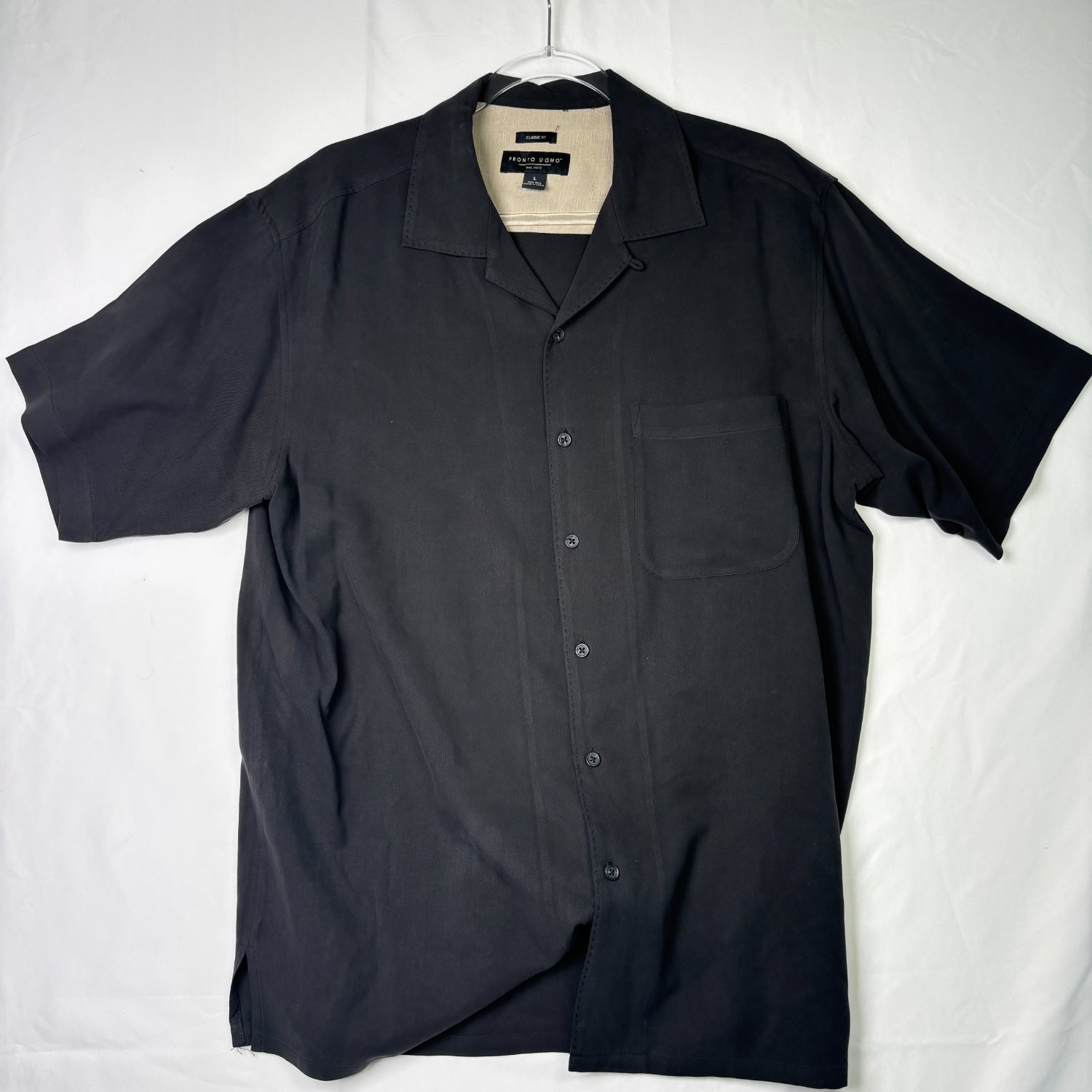 Pronto Uomo Shirt Mens Large Black Short Sleeve Button Down Camp 100 Silk L