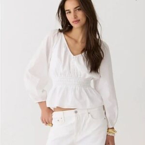 J.Crew White Cotton Puff Sleeve Smocked Waist Peplum Blouse Medium