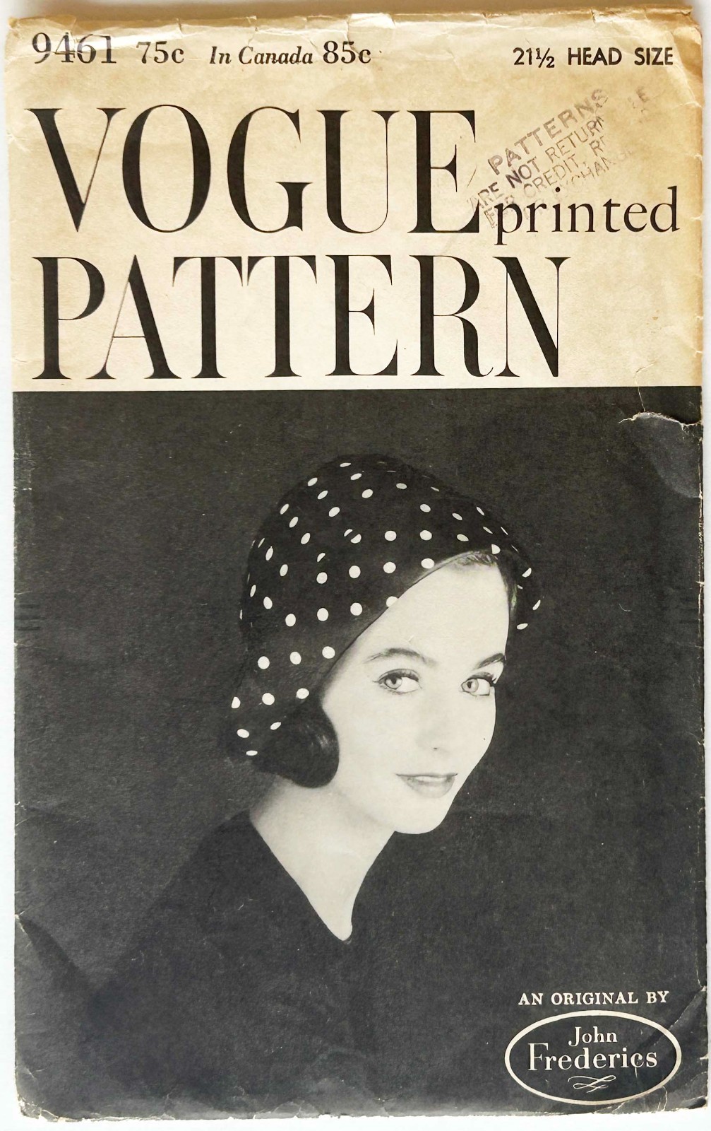 Vintage 1958 Vogue Pattern 9461 John Frederics: Hat Size 21 ½ Uncut
