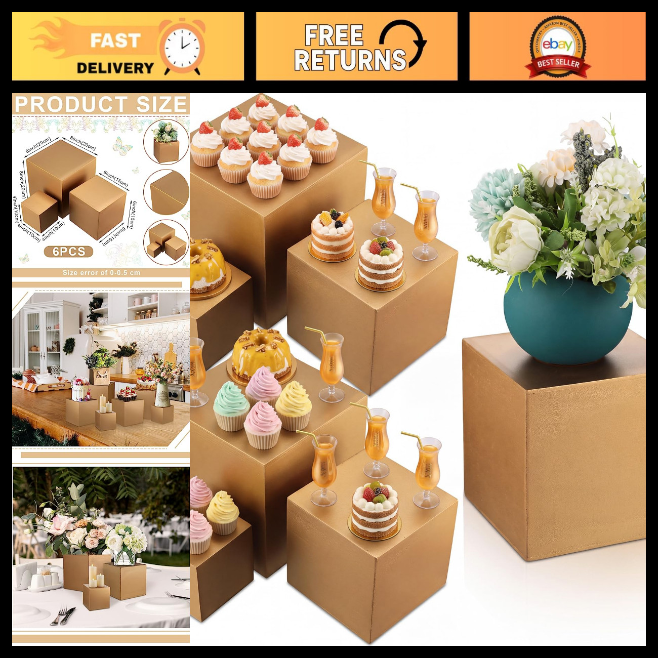 6 Pcs Wooden Gold Buffet Risers - 3 Sizes Dessert Table Stands, Party Display