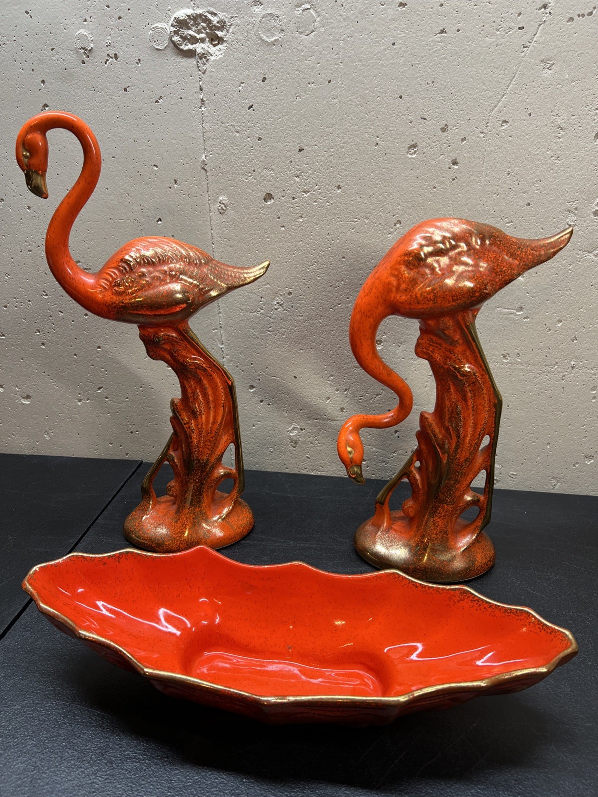 Vintage MCM California Originals Pottery Orange Gold Flamingo Statues Figure