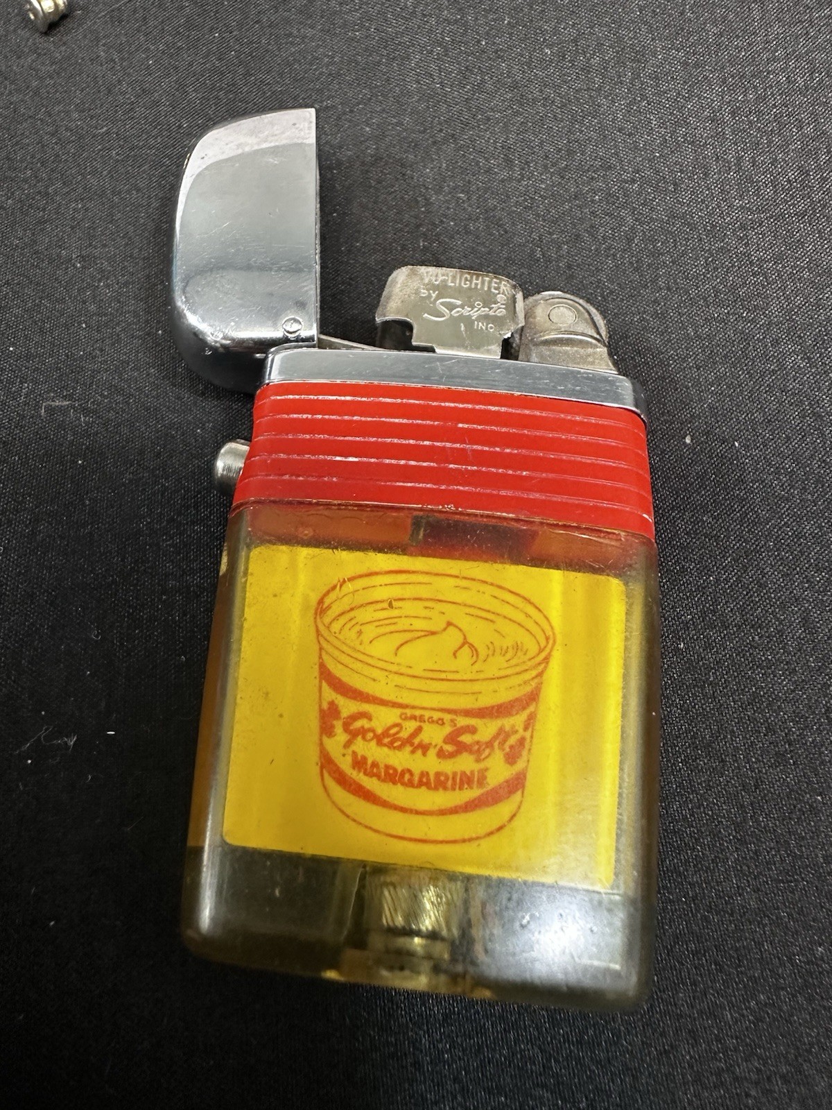 Vintage 1960's Scripto Lighter Greg’s Gold’n Soft Margarine Made USA
