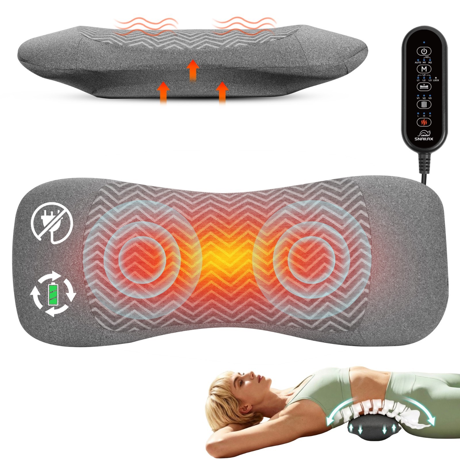Snailax Cordless Lumbar Support Pillow, 3-in-1 Rechargeable Triple Fusion