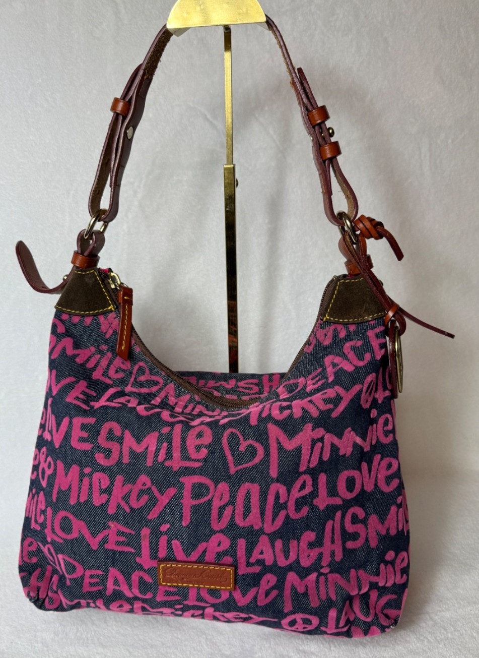 Disney Dooney & Bourke Peace Love Mickey Denim Hobo Bag Pink Graffiti