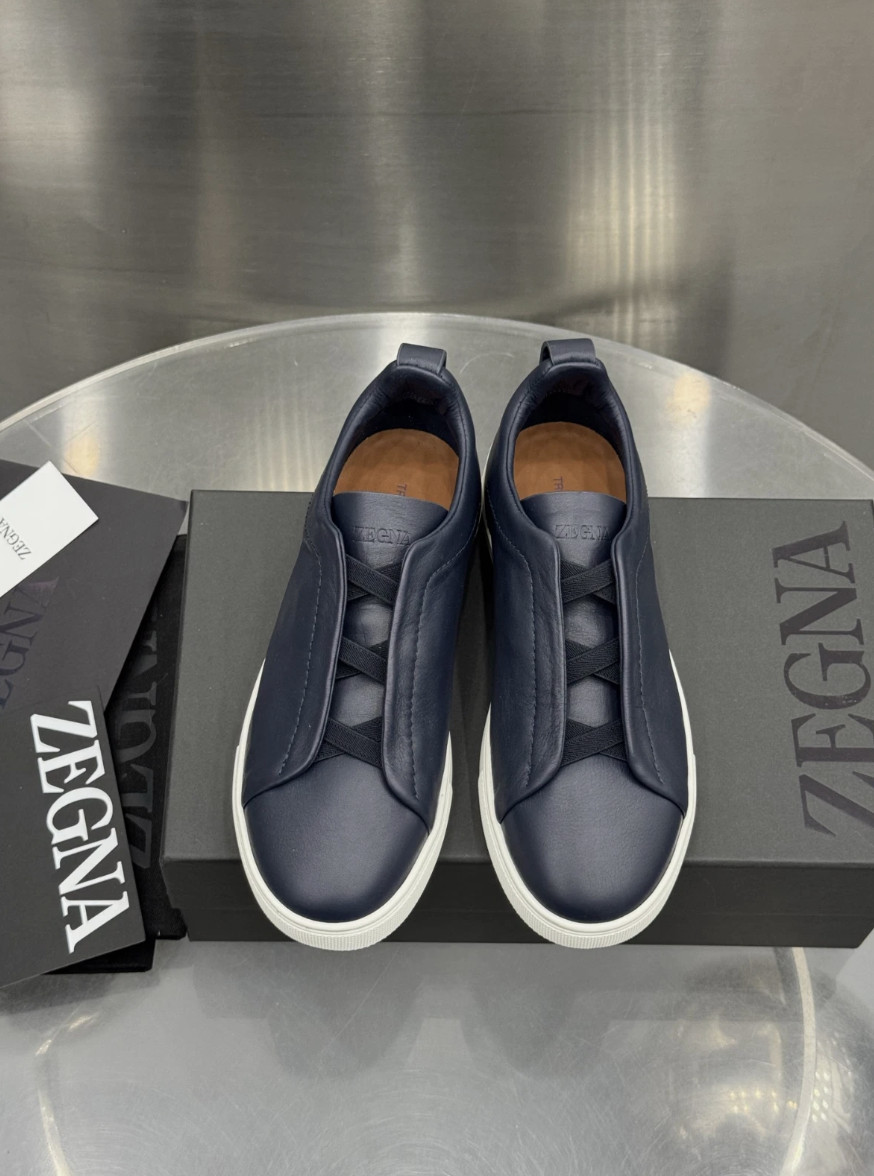 Men\'s Zegna Triple Stitch Navy Leather Slip On Casual Sneakers