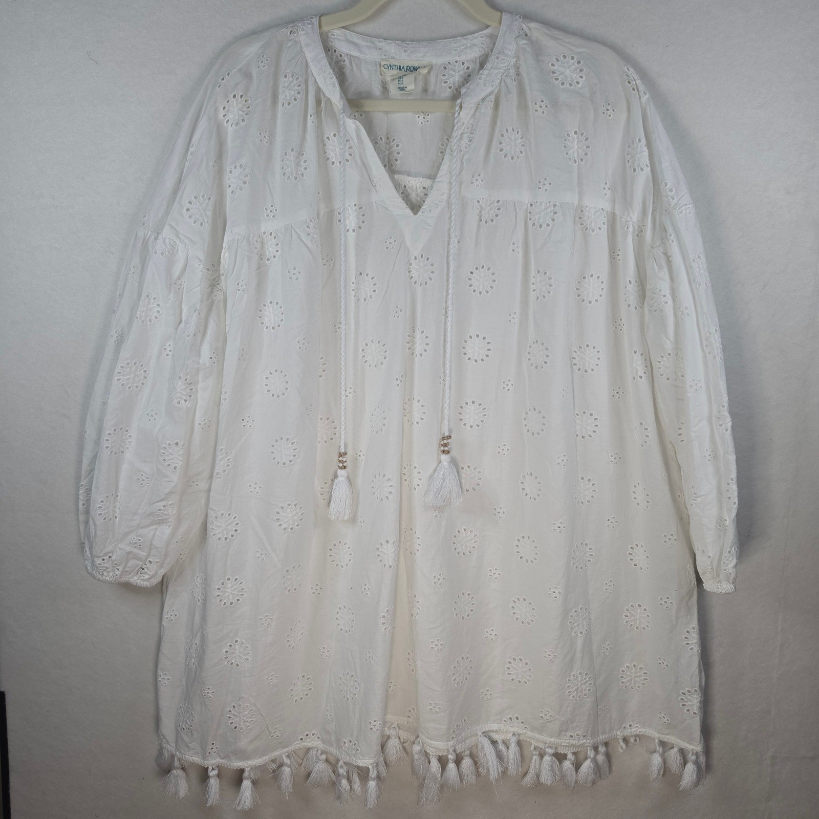 Cynthia Rowley White Eyelet Tunic Top Tassel Fringe Cotton Blouse Large