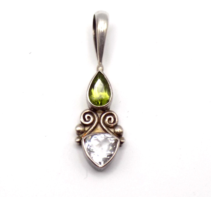 Vintage Sajen Pendant White Topaz Peridot Scroll 925 Sterling Silver 1-1/2 Inch