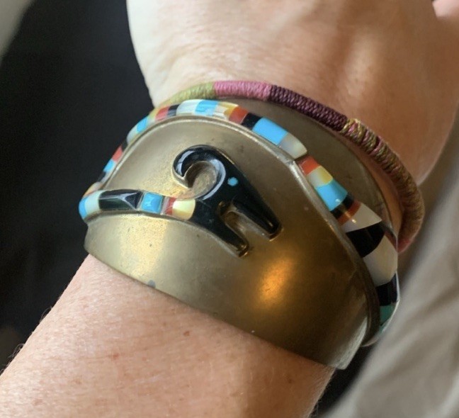 Vintage Zuni inlay ram 🐏 copper cuff, turquoise coral mother of pearl & onyx