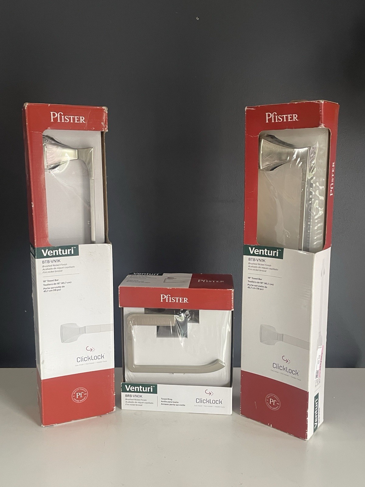 DISCONTINUED Pfister Venturi Brushed Nickel Bathroom Set 2 Towel Bars + Ring New